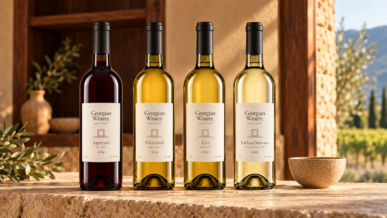 A still-life of Georgian wine bottles and cellar materials