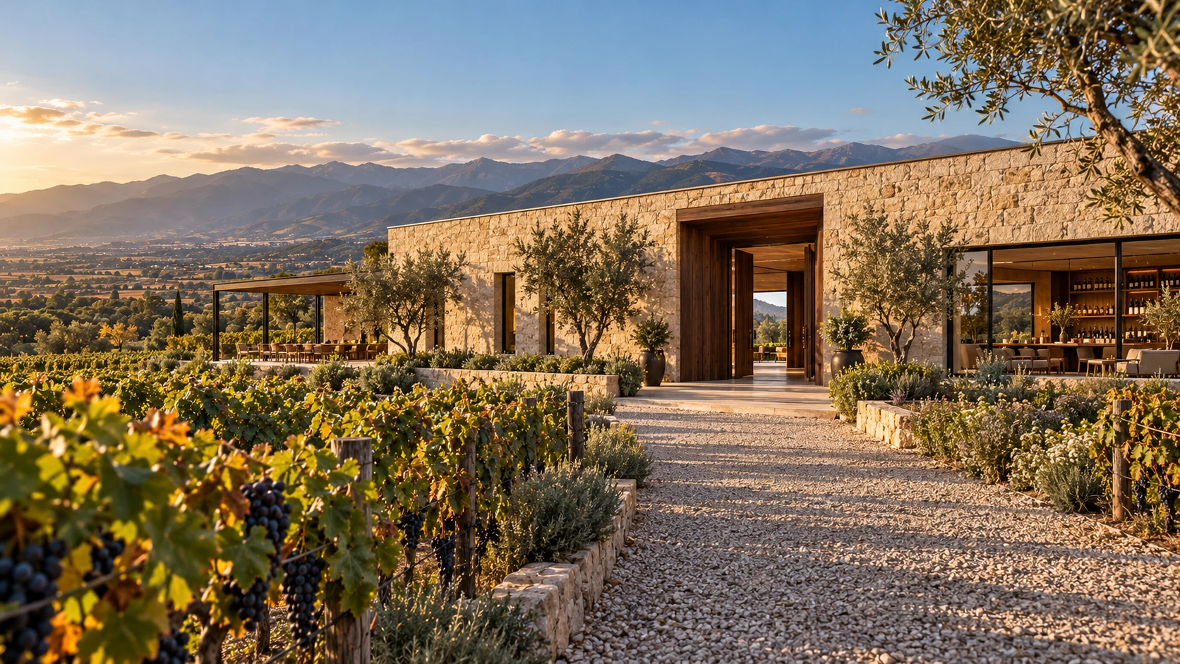 Stone winery and its vineyard approach