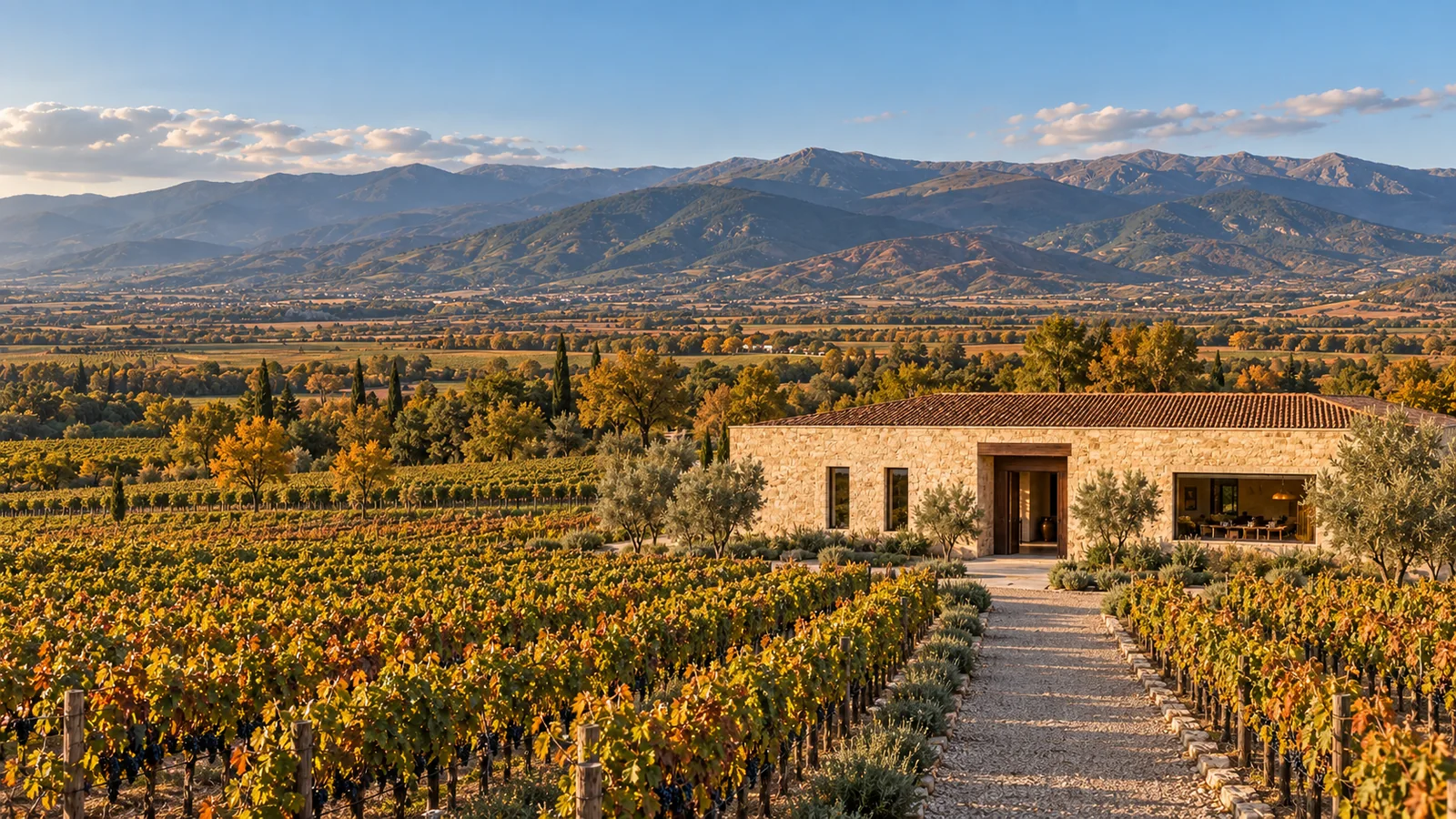 The winery in its surrounding vineyard landscape