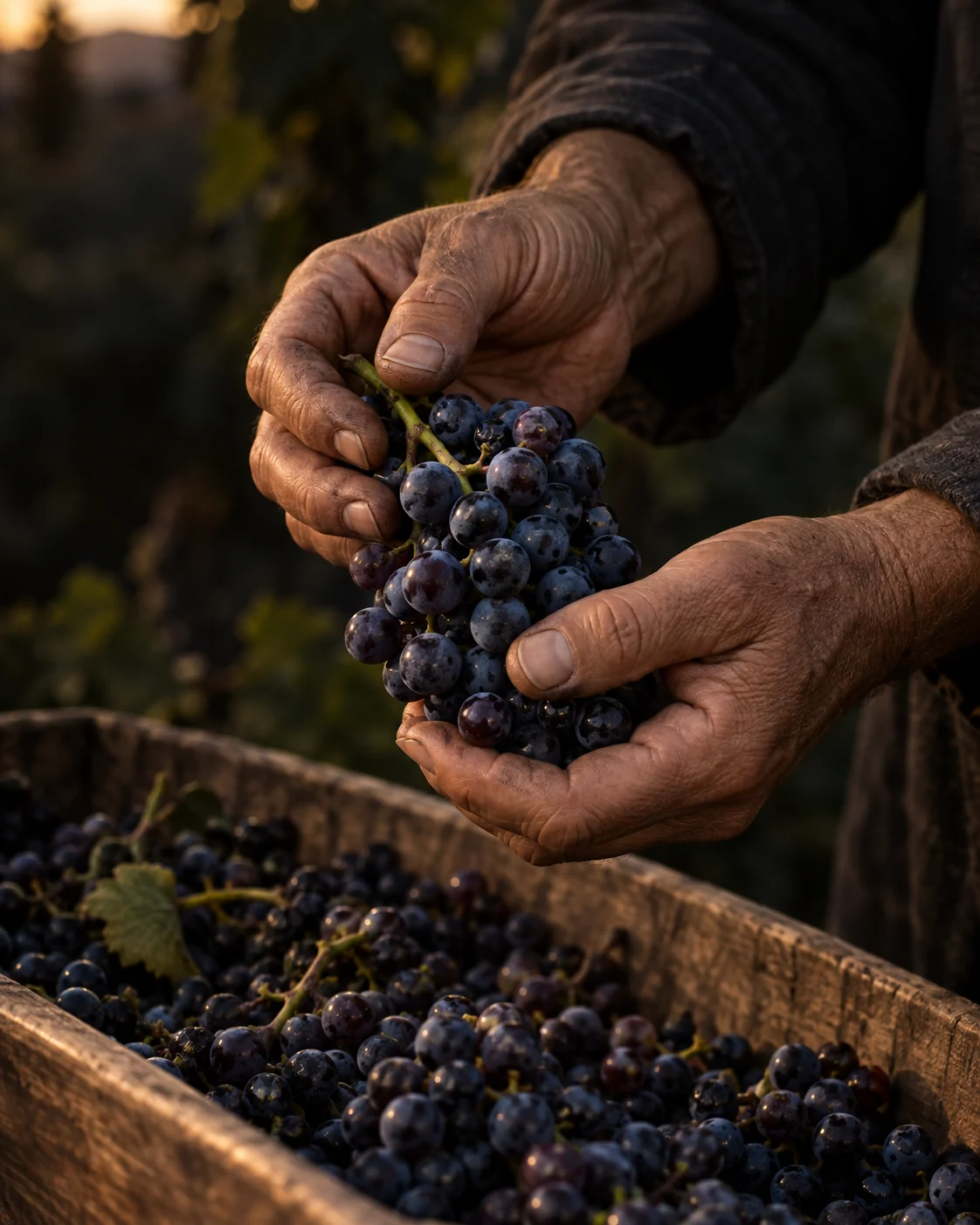Weathered hands holding a cluster of dark grapes above a wooden harvest tray