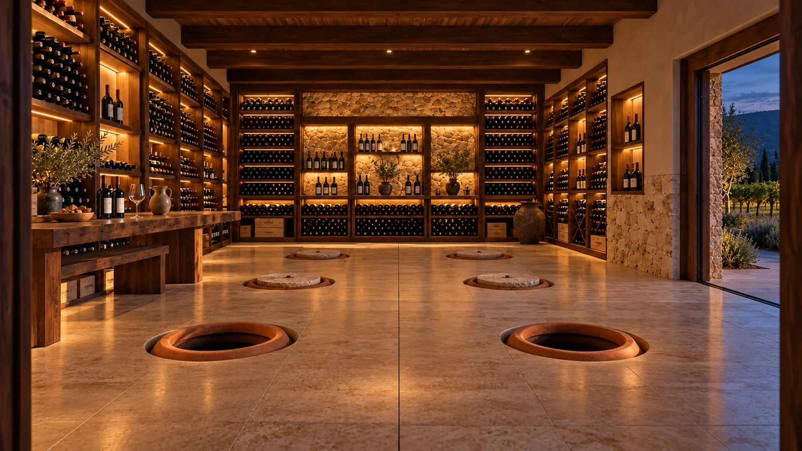 A warm bottle-lined cellar with clay qvevri set into the stone floor