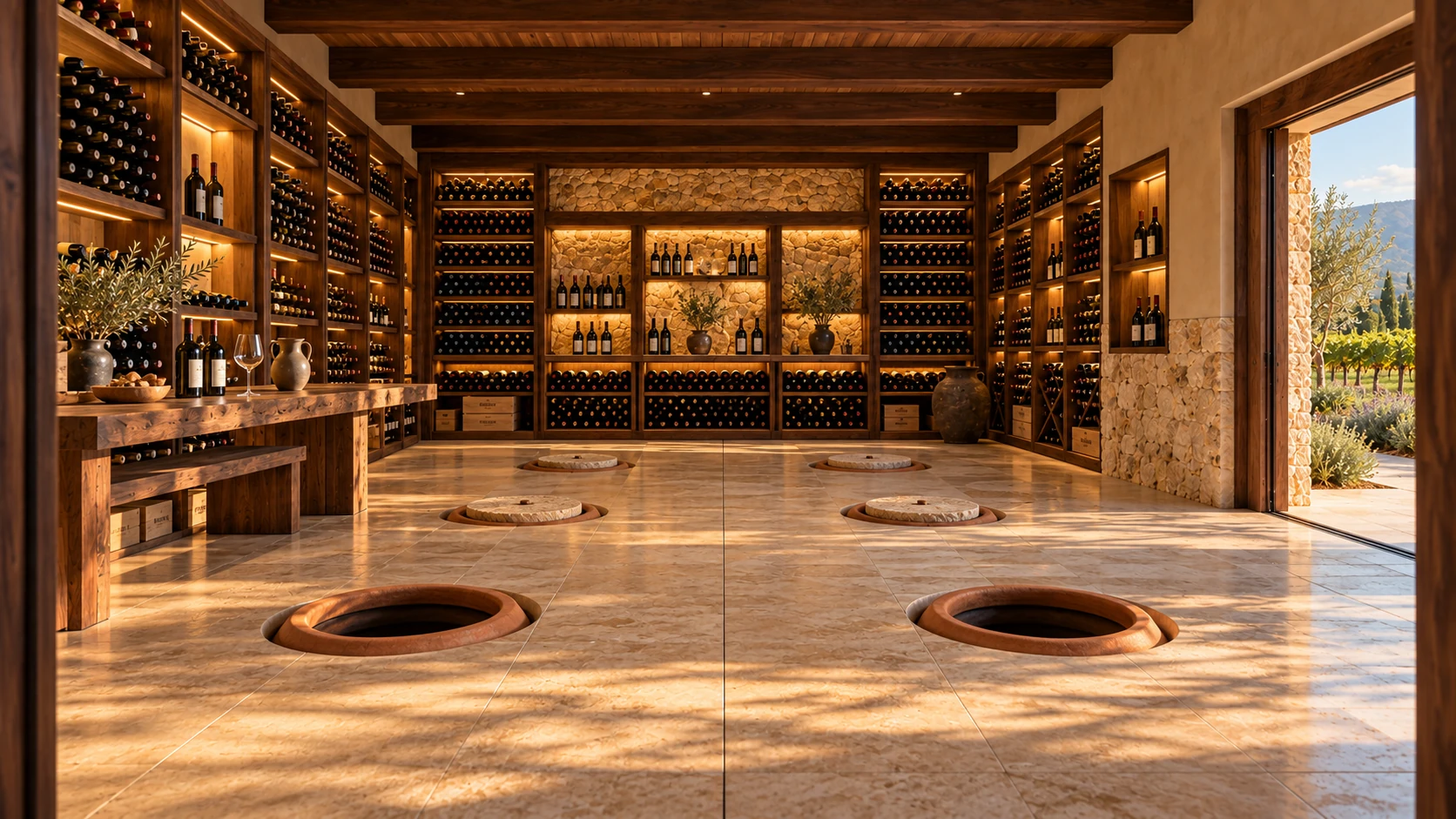 Walnut bottle racks surrounding qvevri in a stone cellar