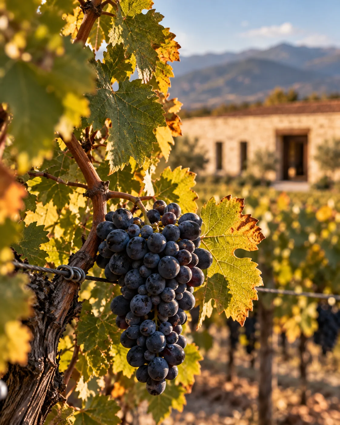 Sunlight falling on grape leaves and fruit