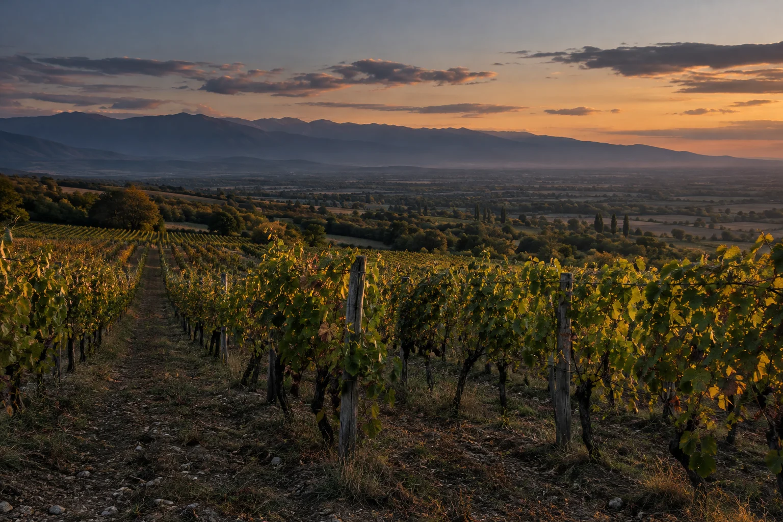 Vineyard rows and a distant mountain horizon in the last evening light