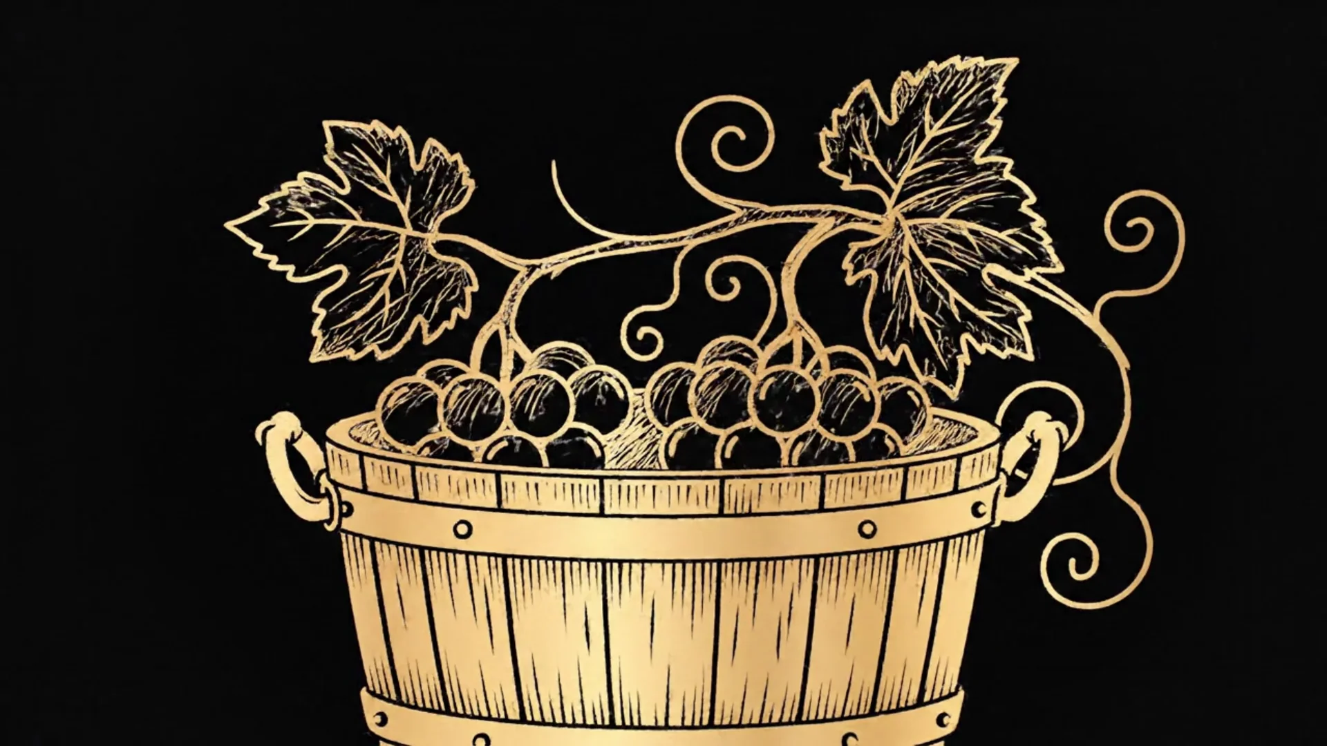 Golden grapevines and a wooden wine vessel drawn on a dark background